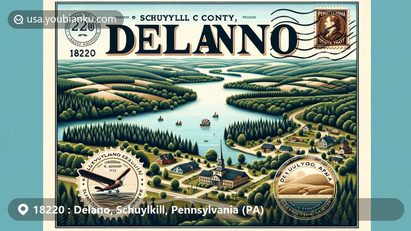 Modern illustration of Delano, Schuylkill County, Pennsylvania, featuring postal code 18220 and scenic township view with lush forests and water bodies. Includes Pennsylvania state flag and subtle nod to Warren Delano Jr., with vintage postcard elements.