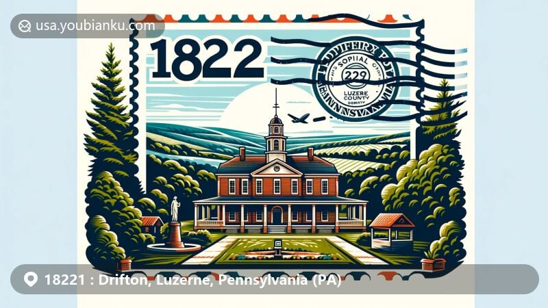 Modern illustration of Drifton, Pennsylvania, featuring ZIP code 18221, showcasing Sophia Coxe Foundation and postal theme, with vibrant colors and contemporary style.