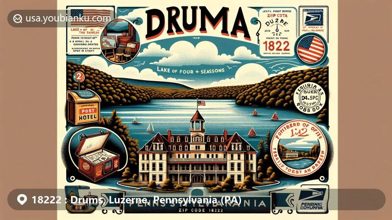 Modern illustration of Drums, Pennsylvania, representing ZIP code 18222, featuring Lake of the Four Seasons, historic Drums Hotel, vintage postcard layout, post office sign, postal bag, and PA state flag.