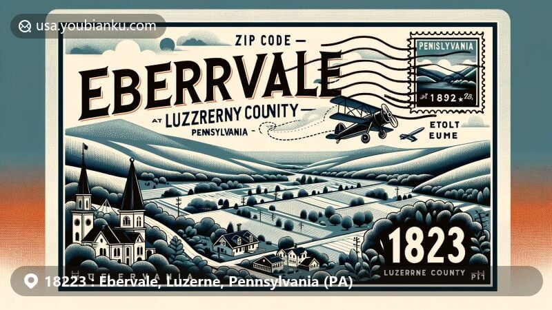 Modern illustration of Ebervale, Luzerne County, Pennsylvania, featuring Pennsylvania Route 940, lush greenery, and rural charm, with vintage air mail envelope showcasing ZIP code 18223 and postal elements.