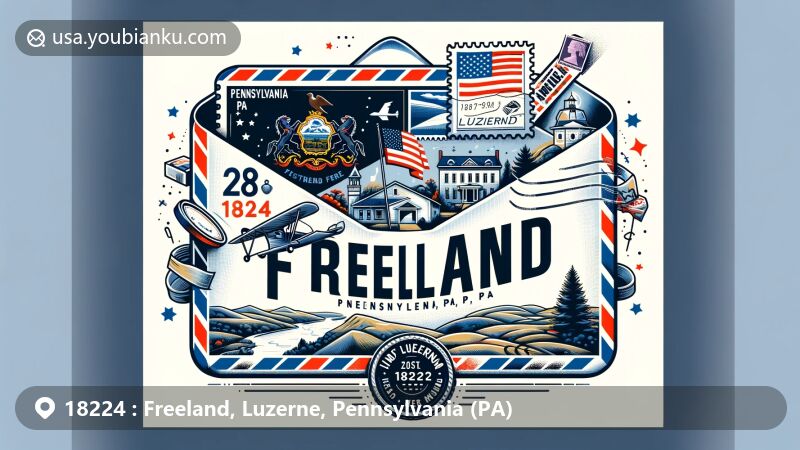 Modern illustration of Freeland, PA, Luzerne County, Pennsylvania, featuring air mail envelope and state symbols, with ZIP code 18224.