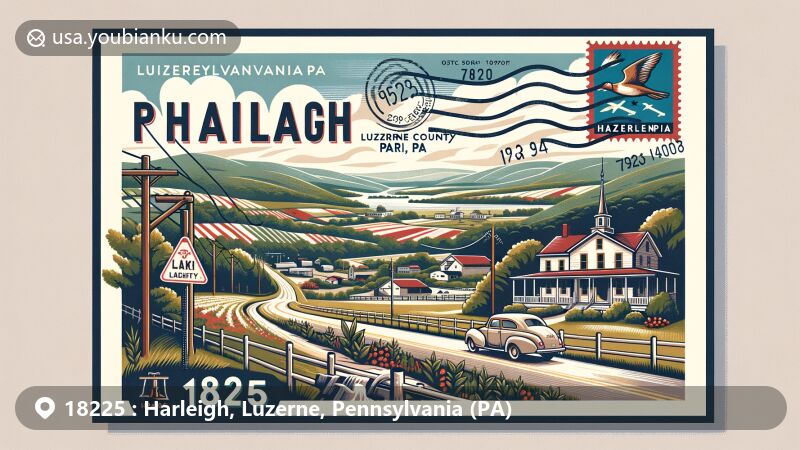 Wide illustration of Harleigh, Luzerne County, Pennsylvania, featuring zipcode 18225, showcasing PA 940 and elements of natural beauty and suburban charm with hints of Pennsylvania symbols and Luzerne County.
