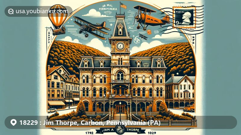 Modern illustration of Jim Thorpe, Pennsylvania, showcasing historic charm, Victorian architecture, and Pocono Mountains landscape, featuring No. 9 Coal Mine & Museum and postal elements with ZIP code 18229.