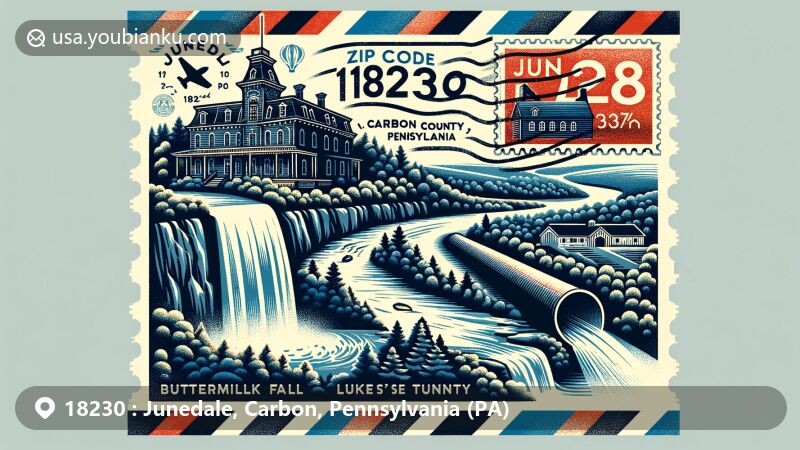 Modern illustration of Junedale, Carbon County, Pennsylvania, featuring Buttermilk Falls, Luke's Falls, Turn Hole Tunnel, Asa Packer Mansion, and county outline. Postal theme includes vintage stamp, postmark, airmail envelope, and ZIP Code 18230.