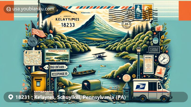 Modern illustration of Kelayres, Pennsylvania, featuring Broad Mountain, Reservoir Number 8, and Catawissa Creek, with symbols of Pennsylvania like the state flag and vintage postcard elements.