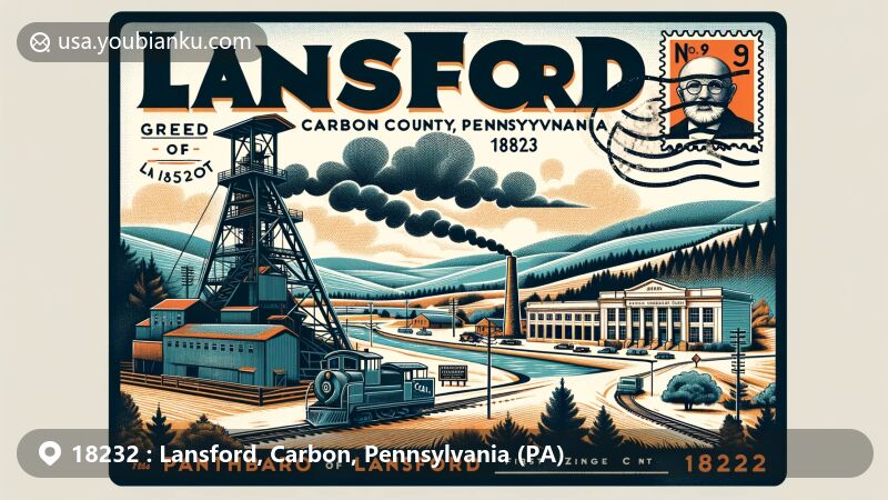 Modern illustration of Lansford, Carbon County, Pennsylvania, featuring postal theme with ZIP code 18232, showcasing No. 9 Coal Mine, Panther Creek, and First National Bank, capturing the town's coal mining and economic history.