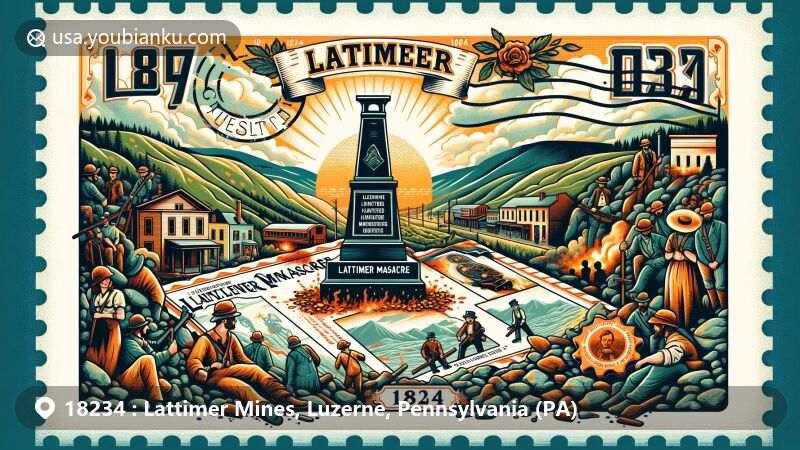 Modern illustration of Lattimer Mines, Pennsylvania, showcasing historical marker of the Lattimer Massacre, coal mining industry, and natural landscape of Luzerne County, featuring ZIP code 18234.