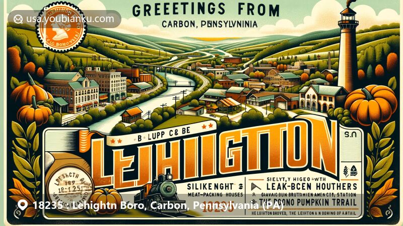 Illustration of Lehighton Boro, Carbon County, Pennsylvania, showcasing historical elements like Moravian mission station Gnadenhütten, silk and lace factories, and meat processing industry, along with modern symbols like annual motorcycle night event and Pocono Pumpkin festival, incorporating scenic Appalachian Trail. Retro postcard layout with 'Greetings from Lehighton, 18235' prominently displayed, featuring postal theme with stamps, postmarks, and Lehighton Boro emblem, set against green hilly landscape and vibrant autumn leaves.