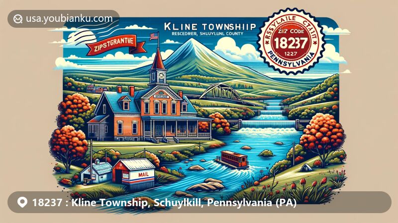 Modern illustration of Kline Township, Schuylkill County, Pennsylvania, featuring ZIP code 18237, showcasing Broad Mountain, Reservoir Number 8, Susquehanna River tributary, vintage air mail envelope, and Pennsylvania state flag.