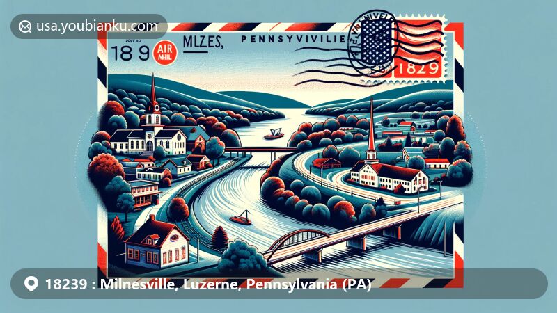 Modern illustration of Milnesville, Luzerne County, Pennsylvania, embodying ZIP code 18239, featuring Pennsylvania Route 309, local landscape, and Luzerne County outline in a postcard-like design.