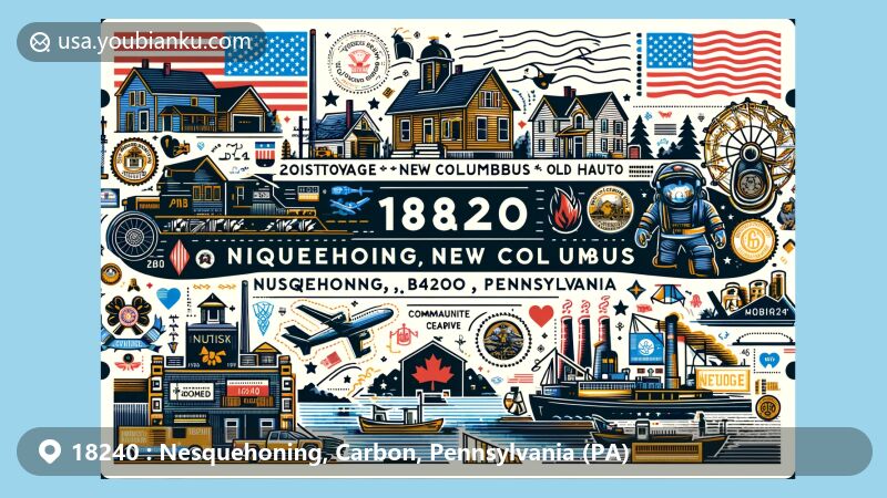 Modern illustration of Nesquehoning, Carbon County, Pennsylvania, capturing the essence of ZIP code 18240 with nods to Nesquehoning Village, New Columbus, Old Hauto, and Lake Hauto, intertwined with the area's anthracite coal mining heritage and symbols of patriotism and community service.