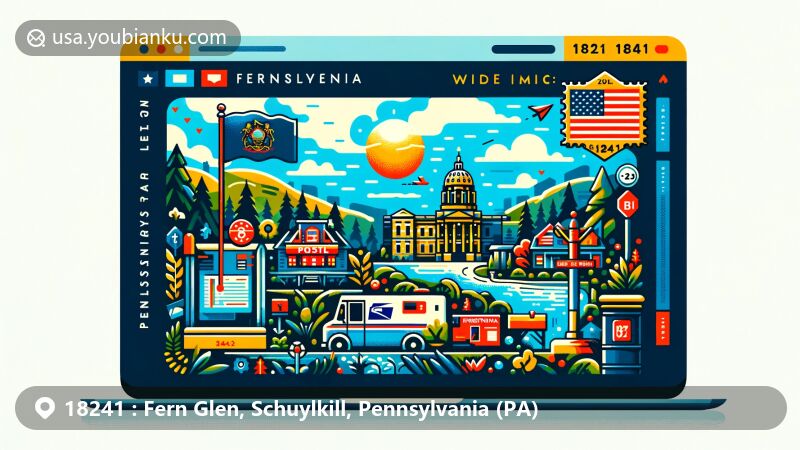Modern illustration of Fern Glen, Pennsylvania, blending postal elements with state flag backdrop and ZIP code 18241, featuring stamps, mailbox, postmark, and mail delivery vehicle.