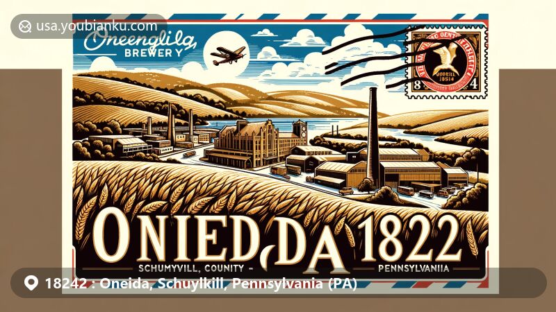 Modern illustration of Oneida, Schuylkill County, Pennsylvania, highlighting postal theme with ZIP code 18242, featuring iconic Yuengling Brewery, rolling hills, and vintage postcard elements.