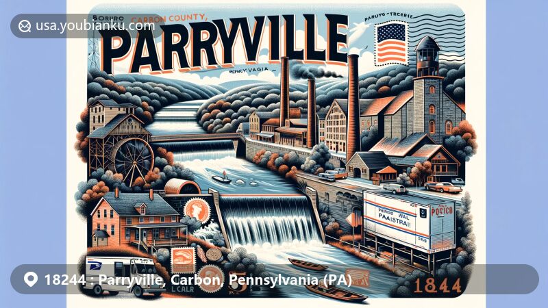 Modern illustration of Parryville, Carbon County, Pennsylvania, capturing its history and natural beauty along Pohopoco Creek with landmarks like Buttermilk Falls and Turn Hole Tunnel, surrounded by postal theme with vintage postal elements and ZIP code 18244.