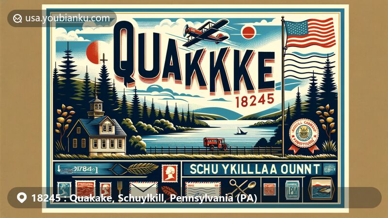 Contemporary illustration of Quakake, Schuylkill County, Pennsylvania, embodying the rural essence with dense pine landscapes reflecting Native American heritage, featuring Pennsylvania's state flag and postal symbols.