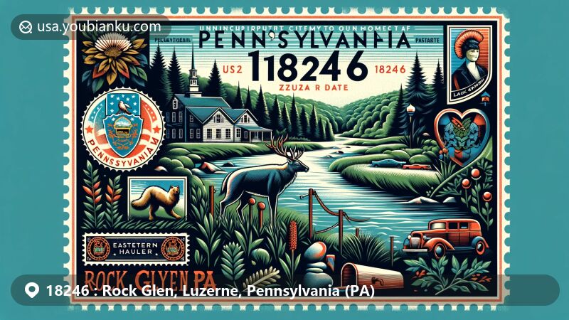 Modern illustration of Rock Glen, Luzerne County, Pennsylvania, highlighting the natural beauty of Black Creek area, integrating Pennsylvania state symbols like Ruffed Grouse, Great Dane, White-tailed Deer, Eastern Hemlock, and Mountain Laurel, in a vintage postal theme.