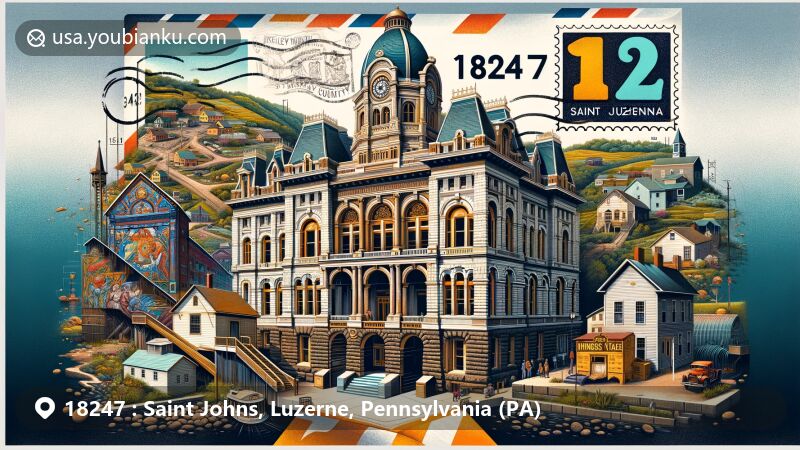 Vintage illustration of Saint Johns, Luzerne, Pennsylvania, showcasing Luzerne County Courthouse and Eckley Miners' Village, with creative postcard style and historical postal elements.