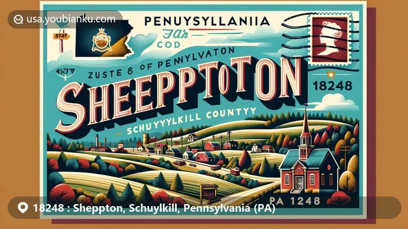 Modern illustration of Sheppton, Schuylkill County, Pennsylvania, featuring vintage postcard layout with postal theme for ZIP code 18248, highlighting geographical location within the state and county.