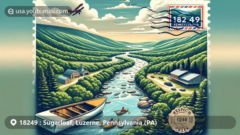 Modern illustration of Sugarloaf, Luzerne County, Pennsylvania, showcasing postal theme with ZIP code 18249, featuring Sugarloaf Mountain and Nescopeck Creek amidst lush green forests and rolling hills, incorporating Pennsylvania state symbols.