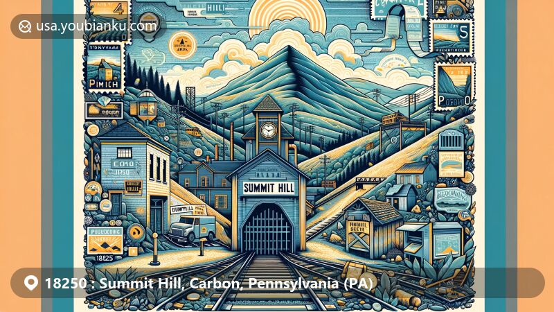 Modern illustration of Summit Hill, Carbon County, Pennsylvania, featuring stylized coal mine entrance, rail tracks, Pisgah Mountain, and Nesquehoning Mountain, symbolizing historical coal mining significance and natural beauty.
