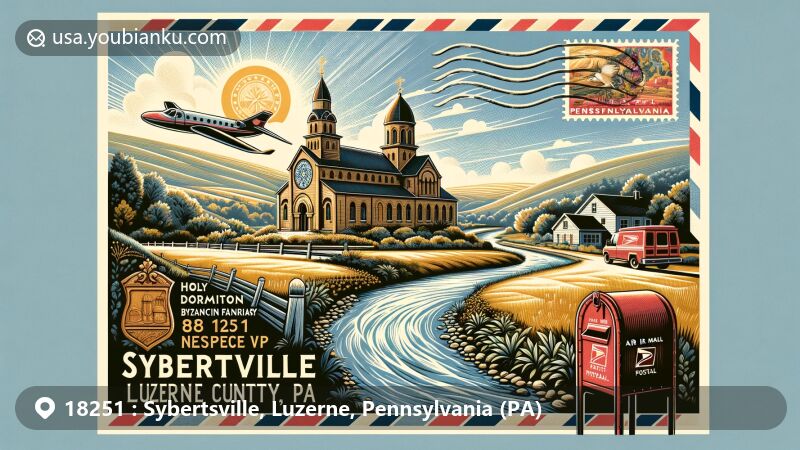 Modern illustration of Sybertsville, Luzerne County, Pennsylvania, showcasing postal theme with ZIP code 18251, featuring Holy Dormition Byzantine Franciscan Friary and Nescopeck Creek, vintage air mail envelope, Pennsylvania stamp, red postal box, and postal delivery van.