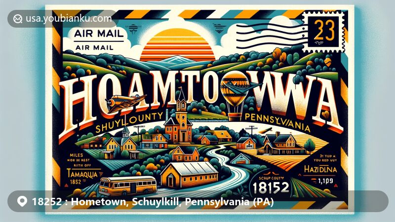 Modern illustration of Hometown, Schuylkill County, Pennsylvania, featuring a vintage-style airmail envelope with elements of geography, history, and postal motifs. Highlights include ZIP code 18252, Route 54 and 309 intersections, lush landscape, and nods to Native American heritage.