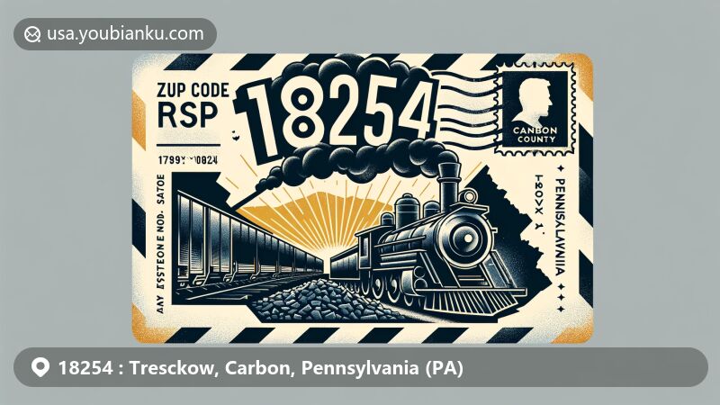 Creative illustration of ZIP code 18254 in Tresckow, Carbon County, Pennsylvania, showcasing anthracite coal elements and Pennsylvania state silhouette.
