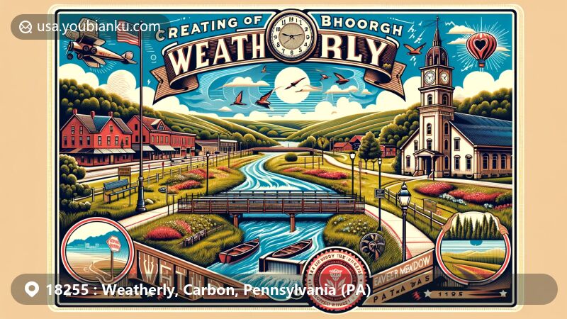 Modern illustration of Weatherly, Carbon County, Pennsylvania, showcasing Eurana Park and historic symbols like clock tower and Weatherly Hillclimb, set against picturesque farmlands and mountains, with vintage postal elements and Zip code 18255.
