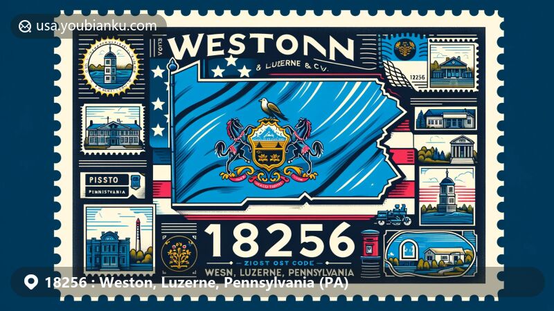 Modern illustration of Weston, Luzerne County, Pennsylvania, with decorative elements inspired by the Pennsylvania state flag and local landmarks, featuring ZIP code 18256 and vintage postal aesthetics.