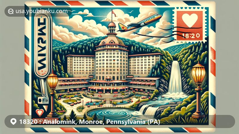 Modern illustration of Analomink, Pennsylvania, featuring air mail envelope backdrop, showcasing Penn Hills Resort, heart-shaped bathtubs, modernist streetlights, Lee Falls, Monroe County landscapes, and ZIP code 18320 with Pennsylvania state flag stamp.