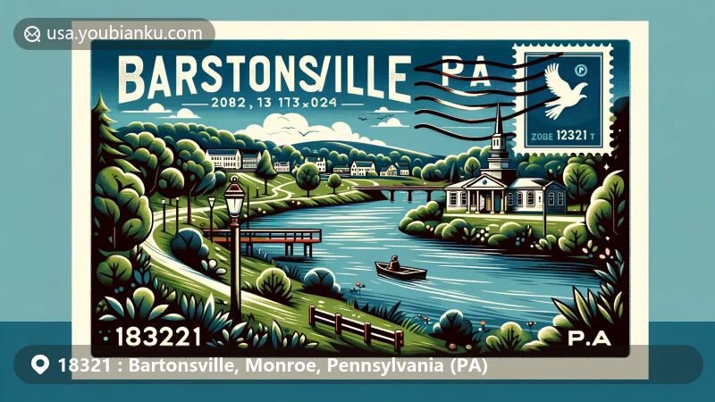 Modern illustration of Bartonsville, PA, featuring zip code 18321, showcasing nature and outdoor activities like parks and trails, with postal elements like a stamp and postmark.