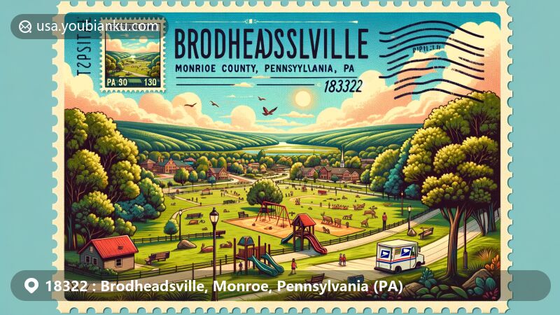 Modern illustration of Chestnuthill Township Park in Brodheadsville, Monroe County, Pennsylvania, showcasing community gathering and wildlife observation, featuring deer and squirrels amidst lush greenery and playgrounds.