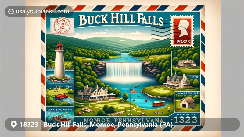 Modern illustration of Buck Hill Falls, Monroe County, Pennsylvania, with postal theme showing tranquility and natural beauty, featuring golf, tennis, swimming, hiking, and fly fishing activities, iconic falls, Donald Ross golf course, and historic Inn against Pocono Mountains backdrop.
