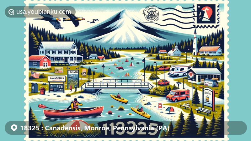 Modern illustration of Canadensis, Monroe County, Pennsylvania, capturing the essence of the Poconos with local landmarks like High Acres Park and the Flying Dollar Airport, showcasing the area's natural beauty and outdoor activities.