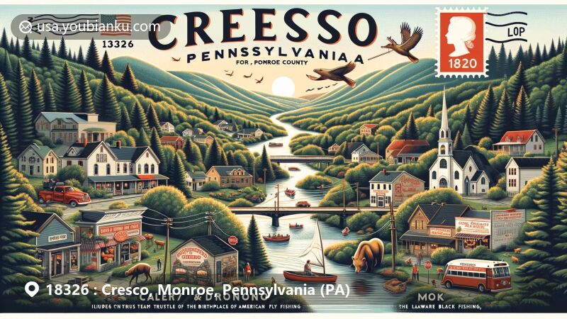 Illustration of Cresco, Monroe County, Pennsylvania, showcasing natural beauty and community life in the Pocono Mountains, including wildlife, Brodhead Creek, hiking destinations like Cresco Heights, and postal-themed elements.