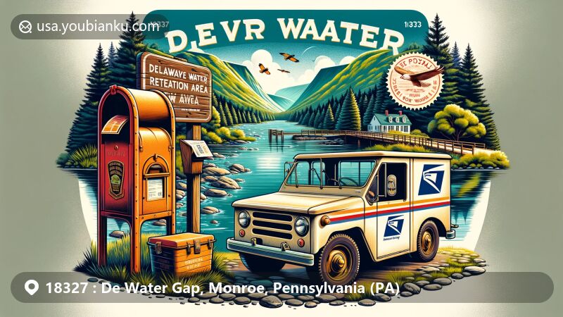 Modern illustration of Delaware Water Gap National Recreation Area, showcasing forests, lakes, and mountains, with Monroe County-style mailbox and vintage postal delivery vehicle featuring '18327 De Water Gap, PA' postmark.