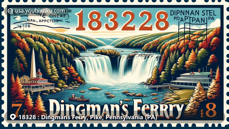 Modern illustration of Dingmans Ferry, Pike County, Pennsylvania, capturing the essence of ZIP code 18328 with scenic postcard design showcasing Dingmans Falls, Silverthread Falls, and Delaware Water Gap National Recreation Area.