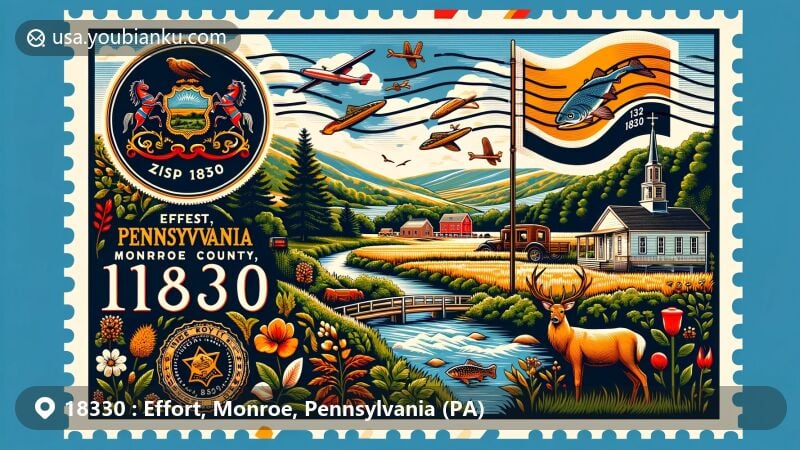 Modern illustration of Effort, Monroe County, Pennsylvania, blending local landscape with state symbols, capturing rural charm and natural beauty, including Pennsylvania's flag, Keystone symbol, white-tailed deer, mountain laurel, and brook trout.