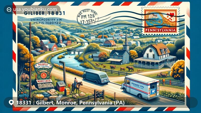 Modern illustration of Gilbert, Monroe County, Pennsylvania, highlighting postal theme with ZIP code 18331, featuring Pohopoco Creek, West End Fair, and Pennsylvania state symbols.