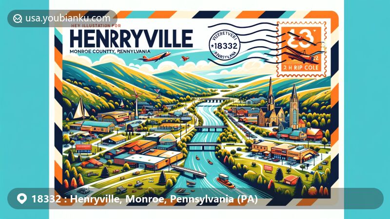 Modern illustration of Henryville, Monroe County, Pennsylvania, featuring picturesque landscapes of Northeastern Pennsylvania, local parks, trails, and riverside recreational areas, symbolizing the area's blend of rural and urban charms; capturing the intimate atmosphere of Henryville's friendly community, embodying a spirit of familiarity; incorporating elements representing nearby ski resorts and outlet malls, showcasing local tourism and shopping opportunities; artistically depicting the outline of Monroe County or a prominent landmark within Henryville, representing its location; postal elements such as stamps, postmarks with ZIP code 18332, and airmail envelopes, blending the theme of communication and connection. The design is vibrant, eye-catching, suitable for web use, utilizing a modern illustration style to convey the unique charm and cozy atmosphere of Henryville.