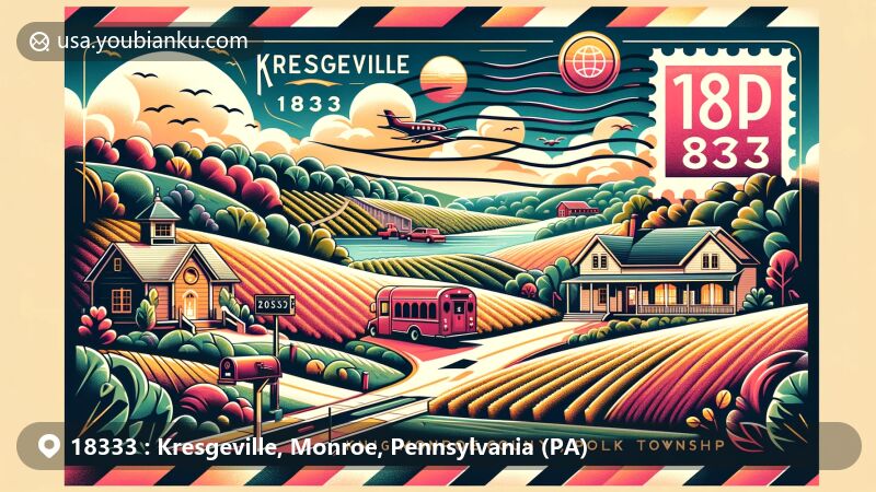 Modern illustration of Kresgeville, Monroe County, Pennsylvania, featuring Big Creek Vineyard and Winery, Polk Township landscapes, and postal elements for ZIP code 18333.