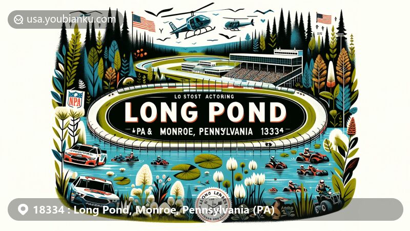 Vintage postcard illustration of Long Pond, Monroe, Pennsylvania, featuring Pocono Raceway and Long Pond Preserve, with symbols of NASCAR, auto racing, ATV tours, and Appalachian Mountains.