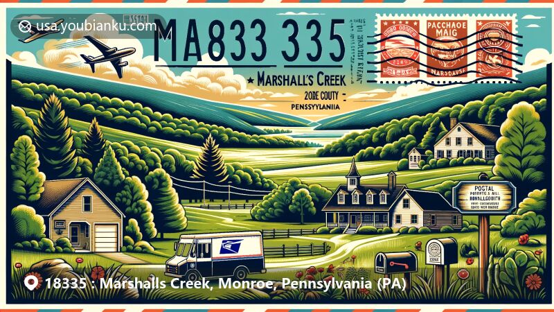 Modern illustration of Marshalls Creek, Monroe County, Pennsylvania, featuring the natural beauty of the Pocono Mountains and postal theme with ZIP code 18335, showcasing outdoor activities and Monroe County elements.