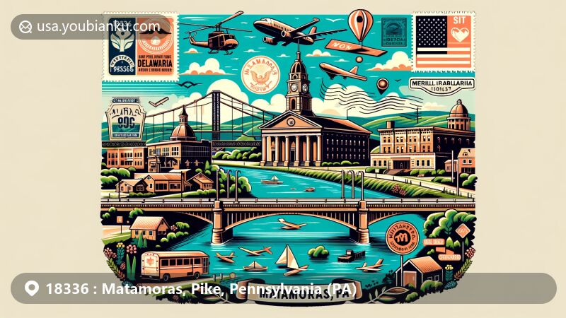 Modern illustration of Matamoras, Pike County, Pennsylvania, showcasing postal theme with ZIP code 18336, featuring the Mid Delaware Bridge, historical references, and aviation connections.