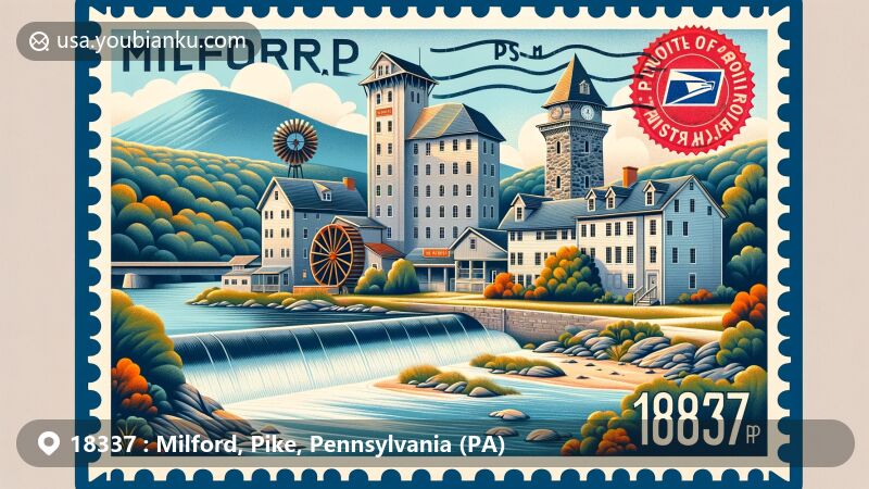 Modern illustration of Milford, Pennsylvania, USA, blending postal heritage with iconic landmarks including Grey Towers and the historic Upper Mill, set against the scenic Pocono Mountains and Delaware River.