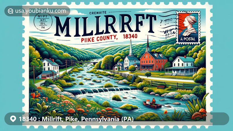 Modern illustration of Millrift, Pike County, Pennsylvania, showcasing postal theme with ZIP code 18340, featuring serene beauty by the Delaware River surrounded by lush greenery.