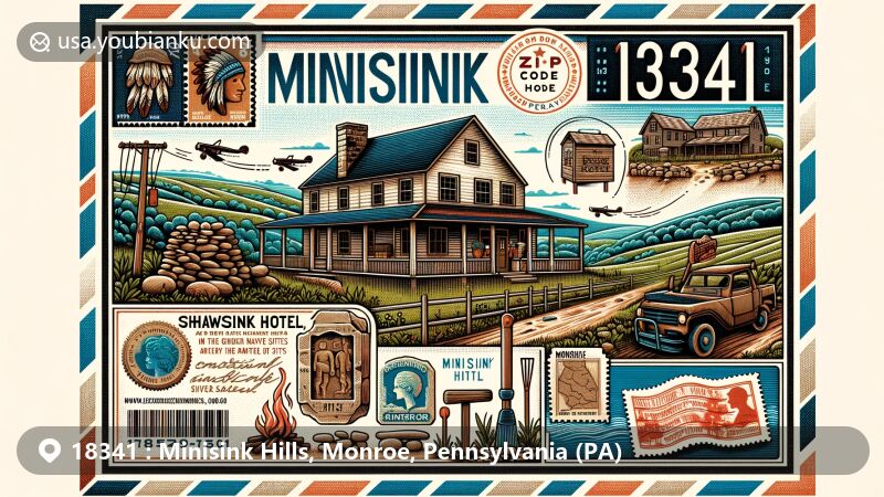 Modern illustration of Minisink Hills, Monroe, Pennsylvania, featuring ZIP code 18341 and Shawnee-Minisink Archaeological Site, showcasing Native American history with stone tools and campfires, including iconic Minisink Hotel on River Road.