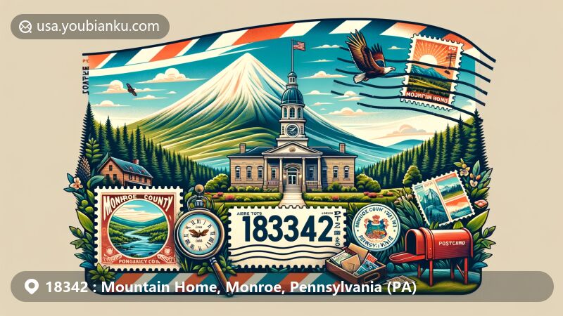 Modern illustration of Mountain Home, Monroe County, Pennsylvania, showcasing ZIP code 18342, combining natural beauty, historic charm, and postal elements like vintage postcard format, airmail envelope, local landmarks postage stamps, ZIP code postmark, and classic mailbox.