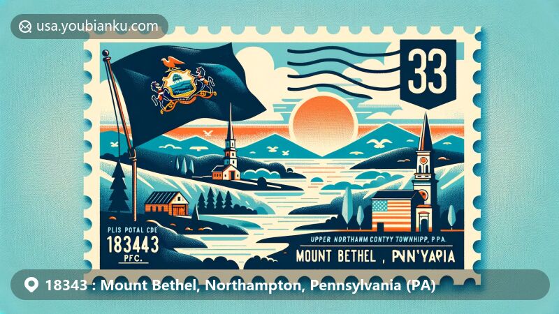Modern illustration of Mount Bethel, Northampton County, Pennsylvania, showcasing postal theme with ZIP code 18343, featuring Pennsylvania state flag, Northampton County outline, and local landmarks like Pennsylvania Route 611. Includes postal elements like postage stamp and mark.