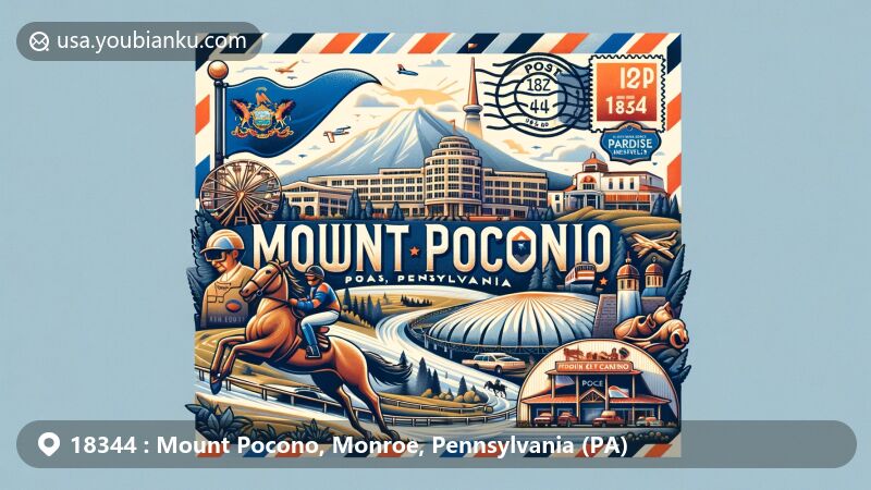 Modern illustration of ZIP Code 18344, Mount Pocono area, Pennsylvania, featuring Mount Airy Casino, Paradise Riding Stables, and Pocono Raceway, with vintage air mail envelope and Pennsylvania state flag elements.
